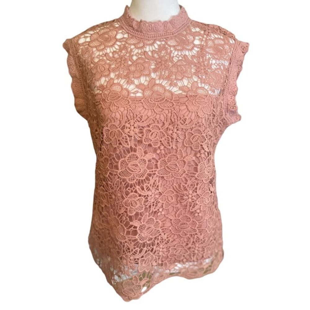 Nanette Lepore Lace Blouse Womens Medium Pink Excellent Sleeveless Mock Neck Zip